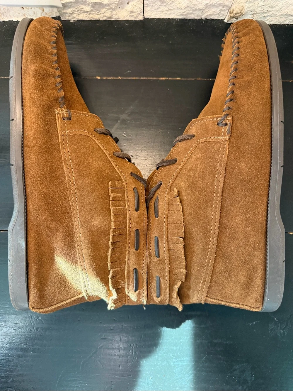 Minnetonka Chukka Boot Fringe Moccasins Vintage Brown Suede Lace Up Men’s 10